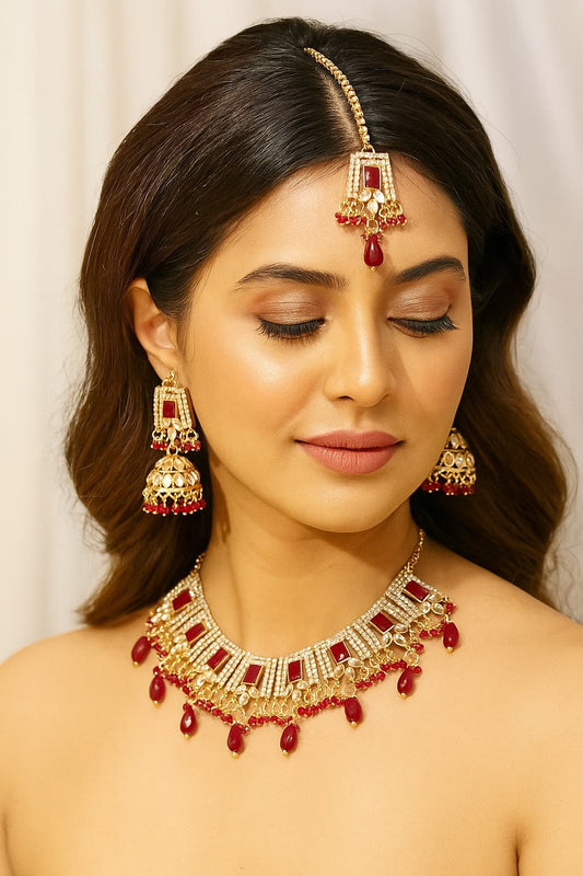 Red Bridal Set – Necklace, Earrings & Tikka  Nimora